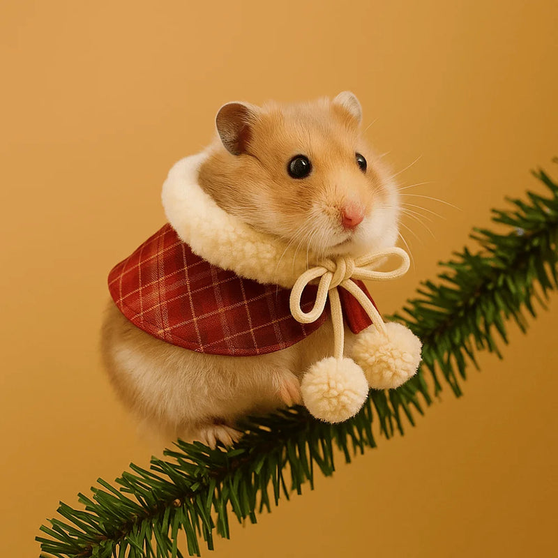 Cute Warm Plaid Hamster Cape Windproof Comfortable Furry Collar Scarf Set Adjustable Pet Transformation Outfit Costume Party