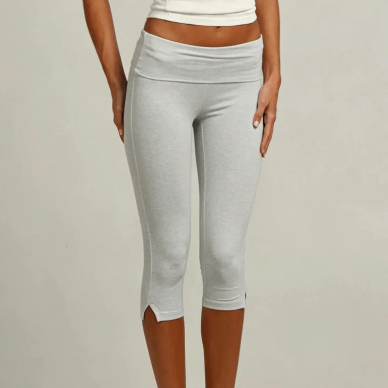 Women's Y2K Low Waist White Capri Leggings Fold Over Waistband Split Hem Solid Color Slim Fit Stretchy Cropped Leggings Buttery