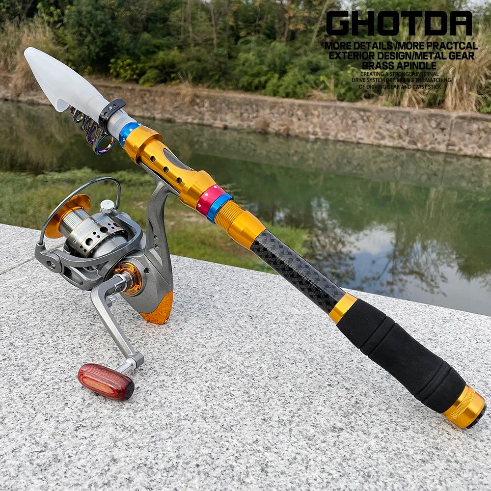 Fishing Rod and Reel Set 1.8-3.6m Carbon Telescopic Fishing Rod Pole with Metal Spool Spinning Reel Saltwater Freshwater Kits