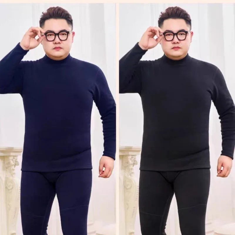 2pcs Winter Men Thickening Velvet Thermal Underwear Plus Size Tops Pants Half-high Collar Long-sleeved T-shirt Warm Pullovers