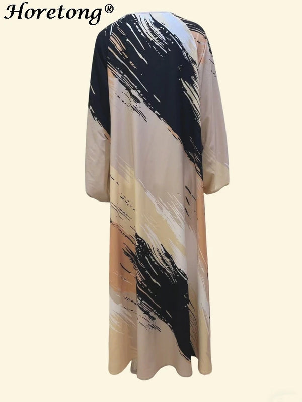 Horetong Summer Muslim Abaya Women Dress Art Print O-Neck | SAMAG
