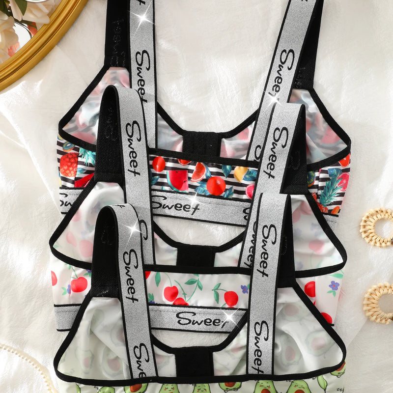 3 Pack Women's Wireless Bra, Mixed Fruit Print Front Closure Shiny Trim Comfort Bralette