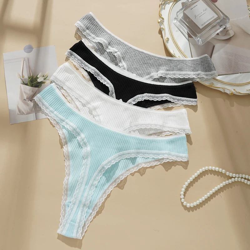 Sexy Lace Thongs Panties Women Low Waist Rib G-String Panty Solid Color Cotton Briefs Breathable Female Comfortable Underwear