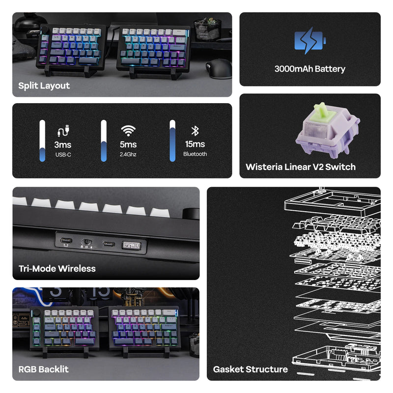 EPOMAKER Split70 QMK/VIA 70% Split Layout Wired/BT/2.4Ghz Wireless Mechanical Keyboard with Programmable Knob Mac Modifier