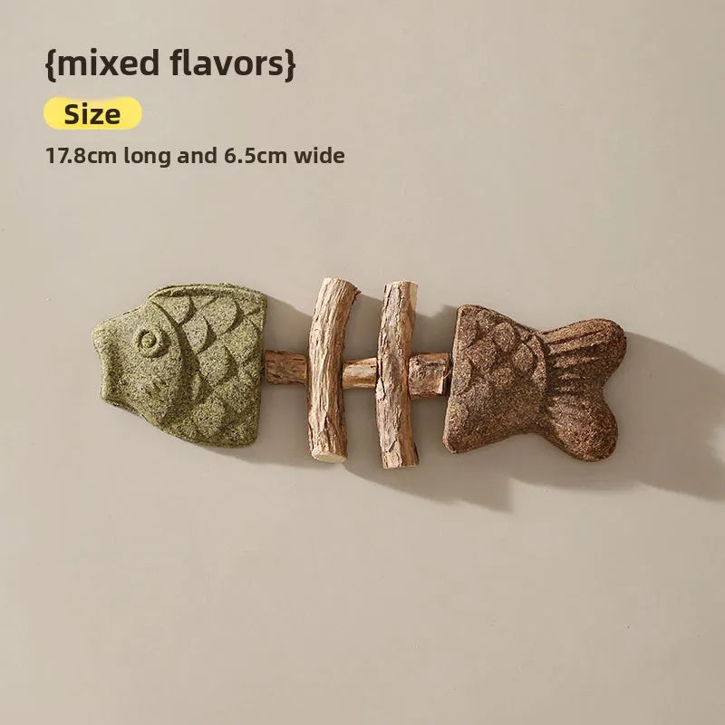 Cat Toy Fish Bone Shape Silvervine Stick Natural Wooden Chew Toy for Kitten Teething Interactive Play