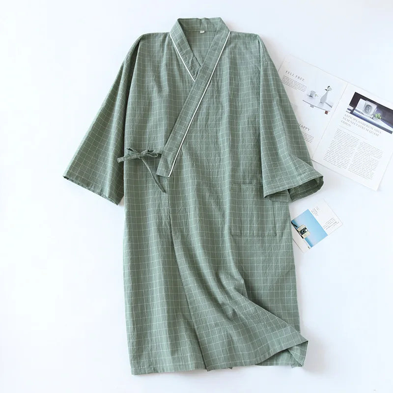 KIDWHXR Man Summer Sleepwear Robe Japanese Plaid Lace-up Male Kimono Pajama Robe Loose Comfortable Mid Length Robe for Men
