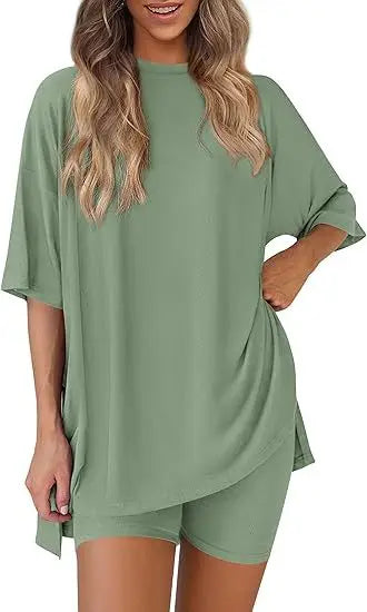 2026women's New Fashion Trend Basic High-quality Casual Round Neck Slit Loose Casual and Comfortable Women's Two-piece Home Suit