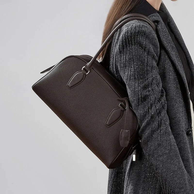 2026 New Casual Women’s High Quality Genuine Leather Top Handle Boston Bags Solid Color Minimalist Design Lady Shoulder Bag