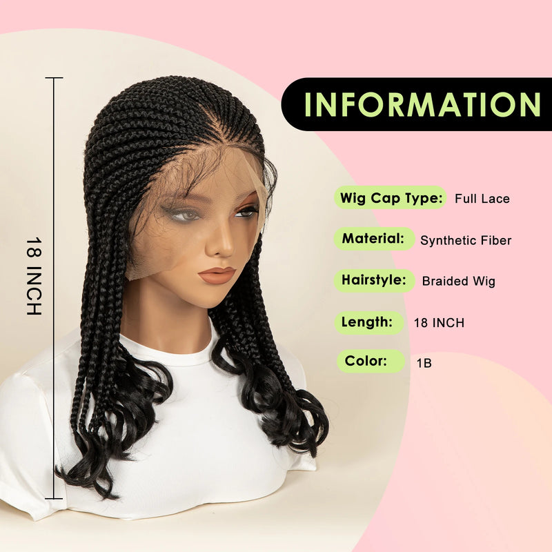 Synthetic Short Cornrows Braided Wig Protective Full Lace Wig with Baby Hair 18 inch Knotless Stitch Braided Wigs With Wavy End