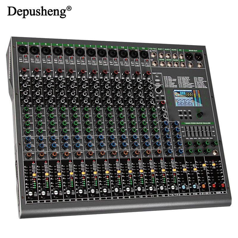 14 Channels Digital Professional Audio Console Mixer Depusheng TG14 Mixing DJ Console USB with 48V Phantom Power Built-in 99 Rev