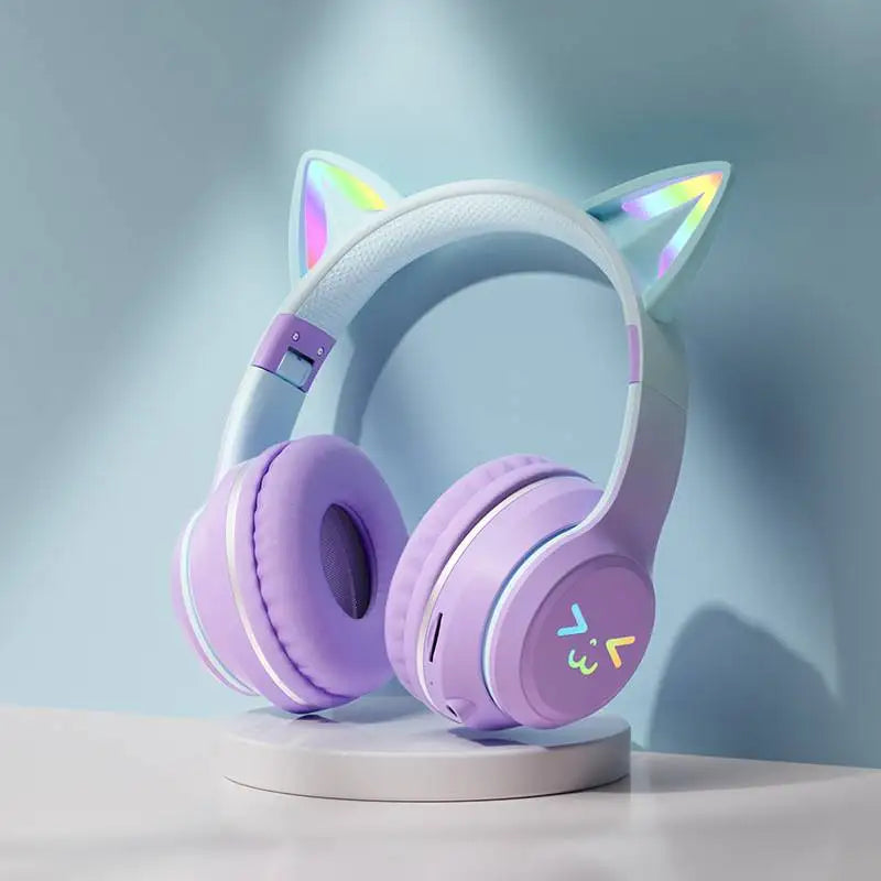Cat's Ears Headset RGB Light Smile Face TWS Headset Gradient New Headphone Pink Little Girl Earphone Gift Suitable for Any Phone