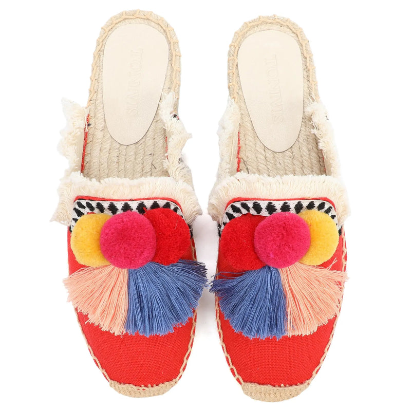 Women's Slippers  Espadrilles  Fluffy Ball Mule Slides Sale -  Rubber Hemp Shoes Outside Spring  women  sandals