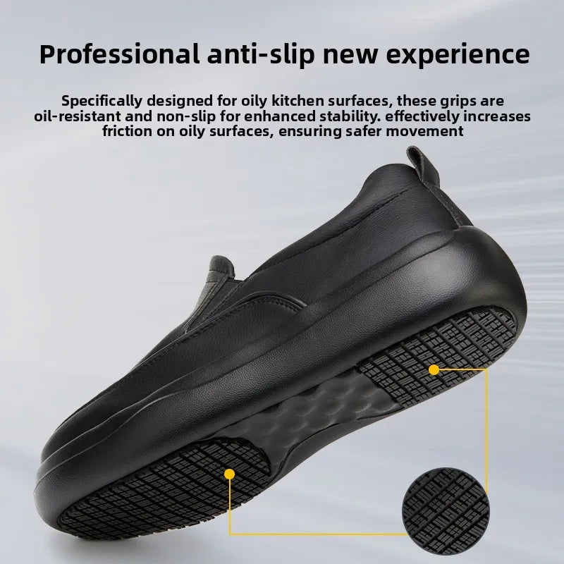 Anti-Skid Kitchen Work Shoes Non-slip Chef Slip-on Shoes Men Women Lightweight Black Restaurant Shoes Waterproof Leather Boots