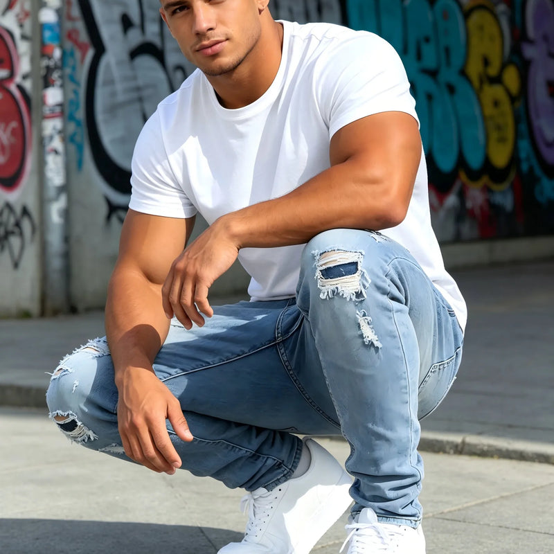 HME Men's Stretch Denim Pants, Light Blue Slim Ripped | SAMAG