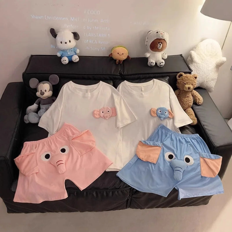 New Summer Couple Outfits Pajama Homewear Suit Men Wowen Squeaky Elephant Shorts Pant Boy Grils Loose Suit Leisure Pajamas Pants