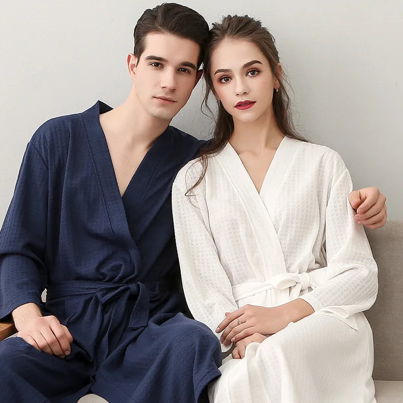 Men's and Women's Universal Waffle Seven-Sleeve Lightweight Long Bathrobe for Hotels, Soft and Breathable, Couple's Homewear