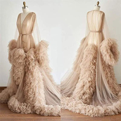 Women's Dressing Gown Perspective Sheer Long Tulle Robe | SAMAG