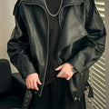 Men's Autumn High Colar Pu Leather Jacket American Retro Zipper Motorcycle Jacket Loose Fashion Atmosphere Asymmetrical Coat