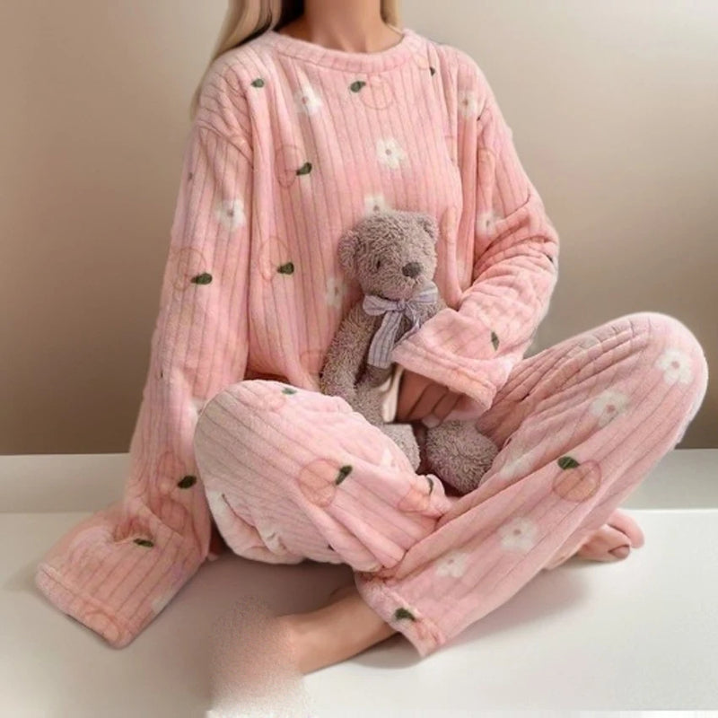 Women's Pajamas Set Winter Sleepwear O-neck Loose Long Sleeve Top Elastic Waist Leg Pant Sets Trousers Plus Size Matching Sets