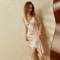 Birdtree 19MM 100% Real Silk Homewear Sexy Spaghetti Nightdress Elegant V Neck Skin-friendly Women Long Night Skirt P30456QM