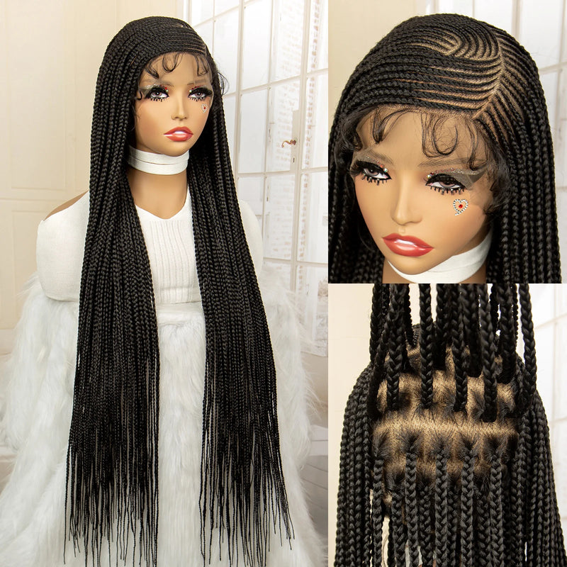 Synthetic Full Lace Cornrow Braided Wigs 36 Inches Lace Frontal Square Knotless Box African Braiding Wig for Black Women