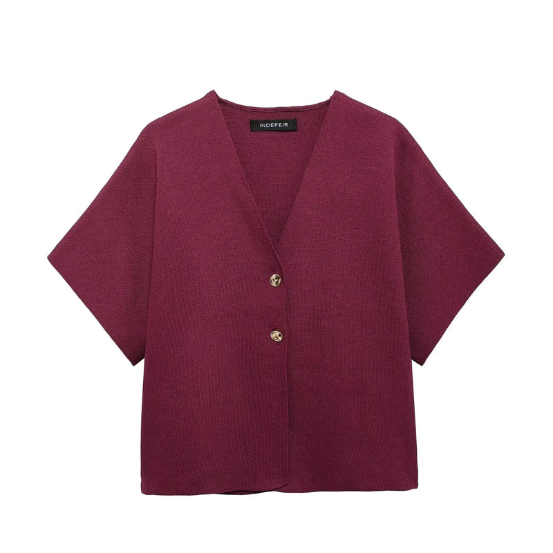 Elegant Solid Knitted Women's Vest V-neck Short Sleeve Buttons Loose Waistcoat Cardigan Summer Autumn Lady Commute Knitwear