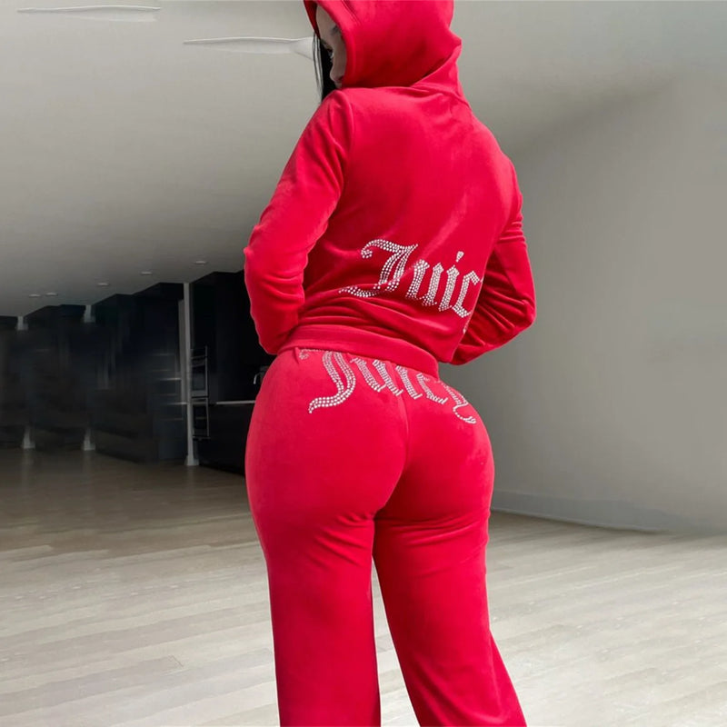 New Women's Hooded Sweatshirt Suit Zipper Cardigan Hot Diamond Fashion Street Velvet Casual Female Pants 2-piece Set