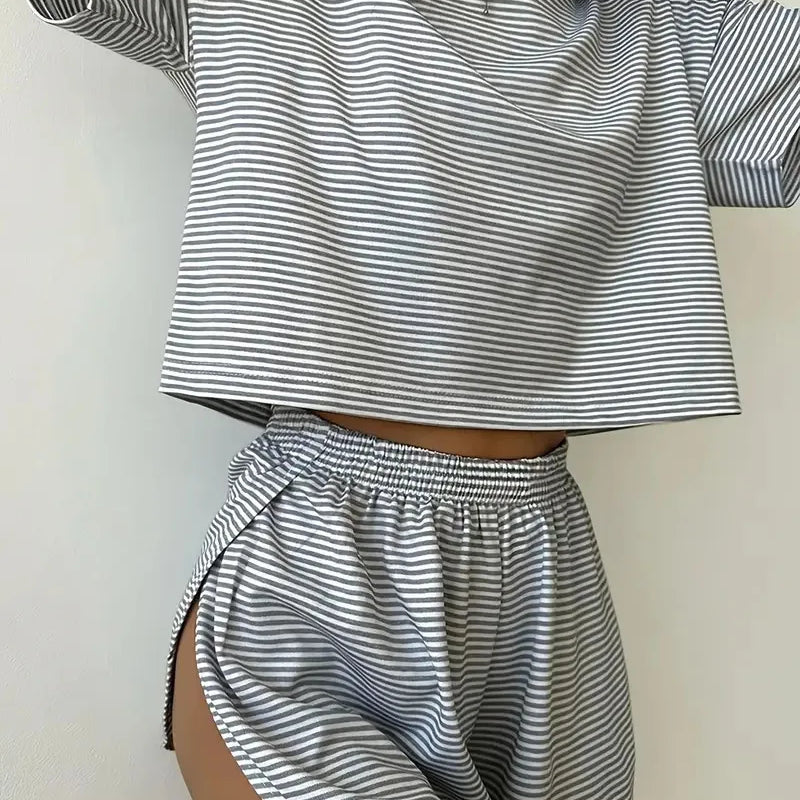 Women's Striped Pajama Set Summer Short-Sleeved T-Shirt | SAMAG
