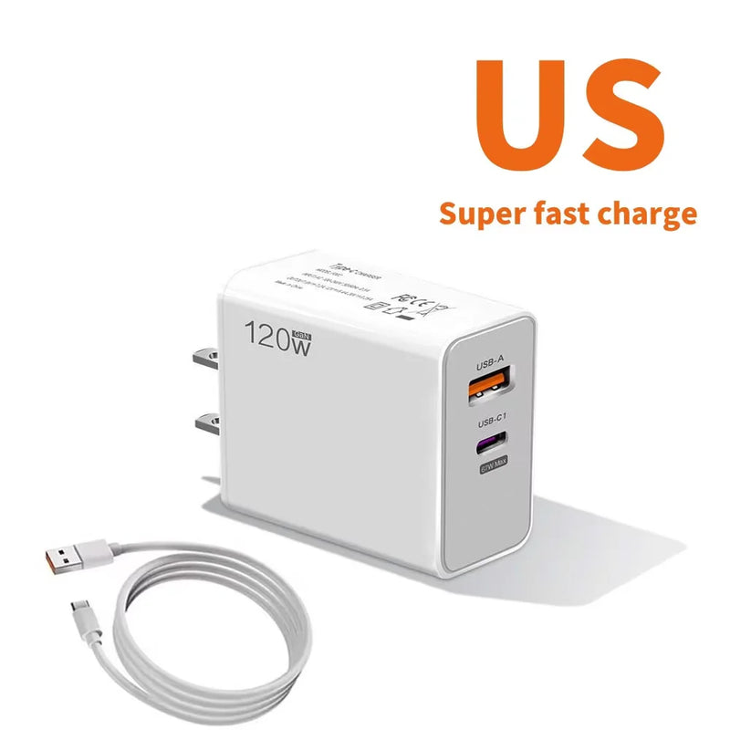 120W Charger Turbo Fast Charging EU US UK Wall Hypercharge Adapter USB 6A Type C Cable For Xiaomi 13 12 11 Ultra Redmi