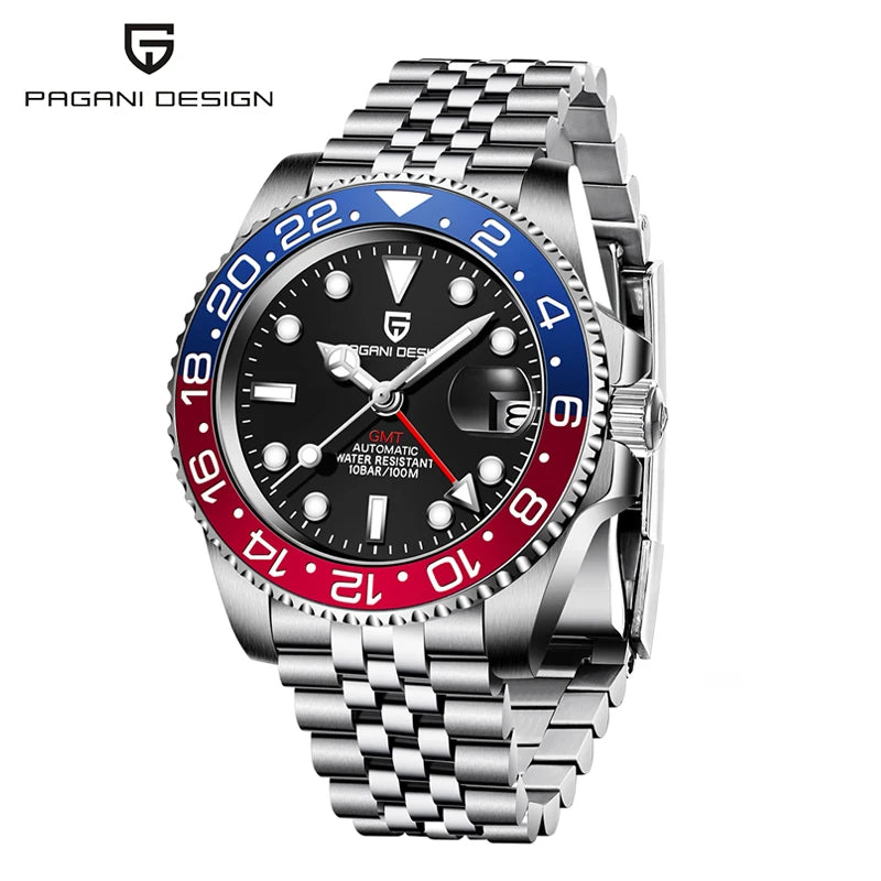 Top PAGANI DESIGN PD1662 Men GMT Automatic Mechanical Watch Black Ceramic Bezel Sapphire Glass 100M Waterproof Jubilee Stainless Steel Bracelet Sports Diver Wristwatch Reloj Hombre+gift box