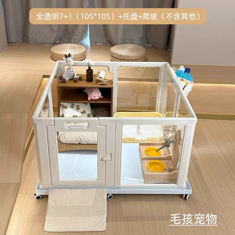 Clear Acrylic Dog Crate Playpen Easy Assemble Transparent Pet Pen Heavy-duty Plastic Puppy Fence with Wheels for Bunny Cat
