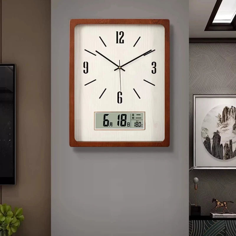 Wall Clock New Chinese Solid Wood Living Room Rectangular Home Bedroom Simple Atmosphere Silent Wall Clock Home Decor