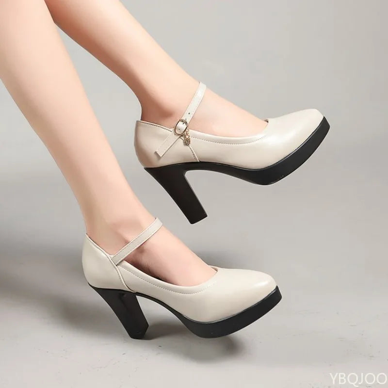 2025 New Casual Round Head Coarse Heel Professional Black Work Women's High Heels One Button Water Diamond Women's Single Shoes