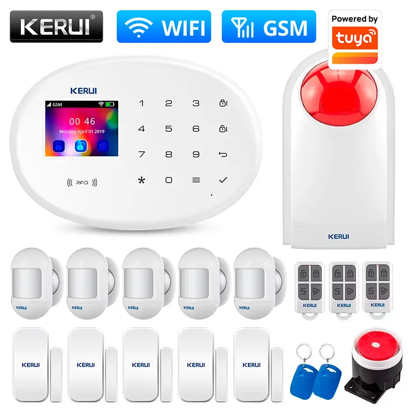 KERUI Home Security Protection WIFI GSM Alarm System Kit Works with Tuya Support Alexa with Door Opening Sensor Motion Detector