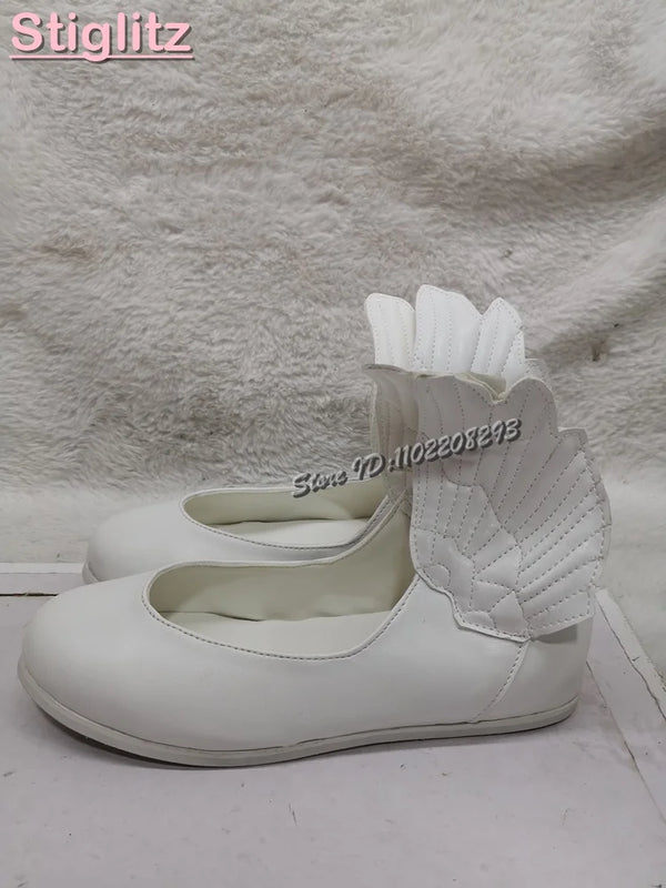 Retro White Wings Ballet Flats Solid Round Toe Sewing Shallow Low Heel Casual Roman Shoes 2025 Summer New Fashion Women Shoes