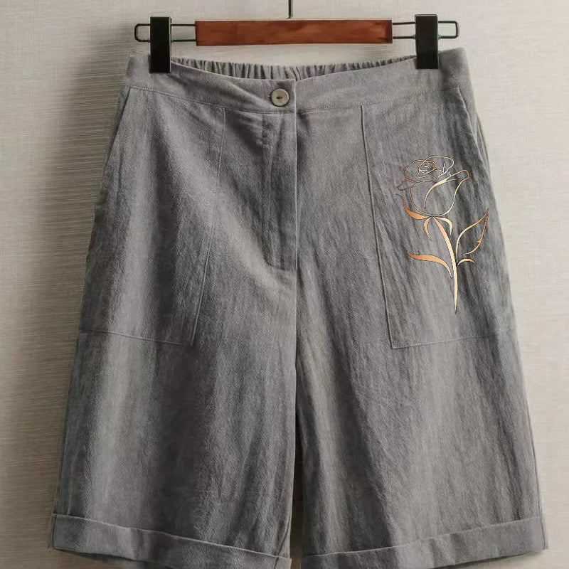Women's Vintage Rose print Linen Blend Wide Leg Bermuda Shorts High Waist Casual Knee Length Summer Trousers with Pockets