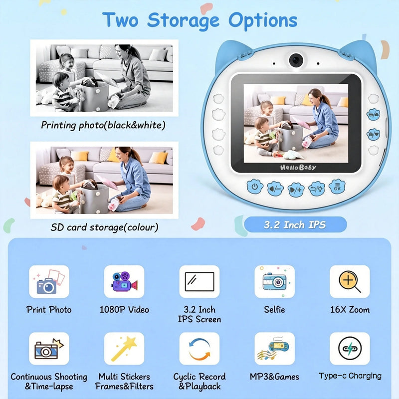 HelloBaby Instant Print Camera with 16GB Memory Card for Kids, 3.2” IPS Screen, 1080P Video Recording, 16X Digital Zoom, Flash, Time-lapse,