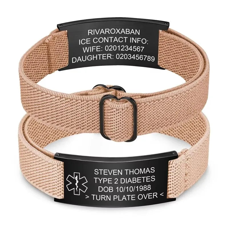 Personalized Medical Alert Bracelet for Men Customized Elastic Strap Stainless Steel ID Engraved Medic - Visuel 6 | SAMAG