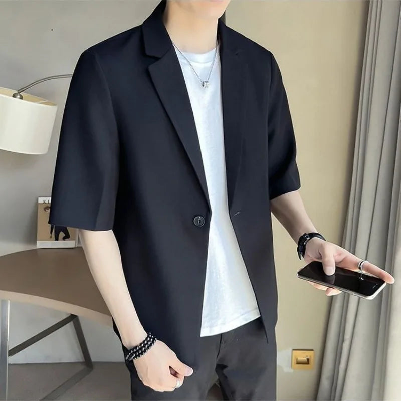 Korean Style Plus Size Men's 3 Piece Suit Set Short Sleeve Blazer Summer Lightweight Comfortable