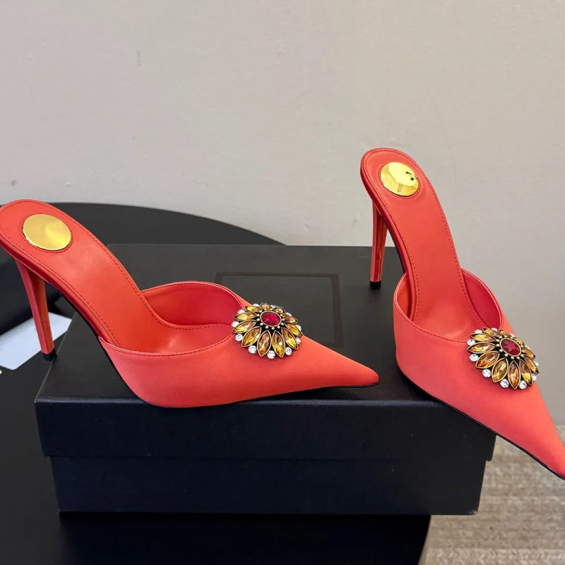 Women's new satin pointed toe toe water diamond high heels slippers party wedding high heels women's sandals