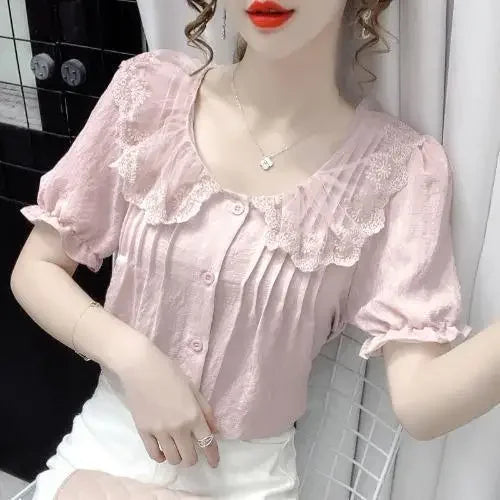 Vintage Lace Patchwork White Shirts Summer Women Korean - View 9 | SAMAG