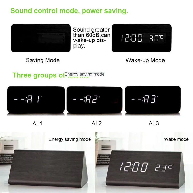Digital Alarm Clock Desktop Wood LED Clocks Sound Control Electronic Display Thermometer Home Decor Gift Wood Clocks
