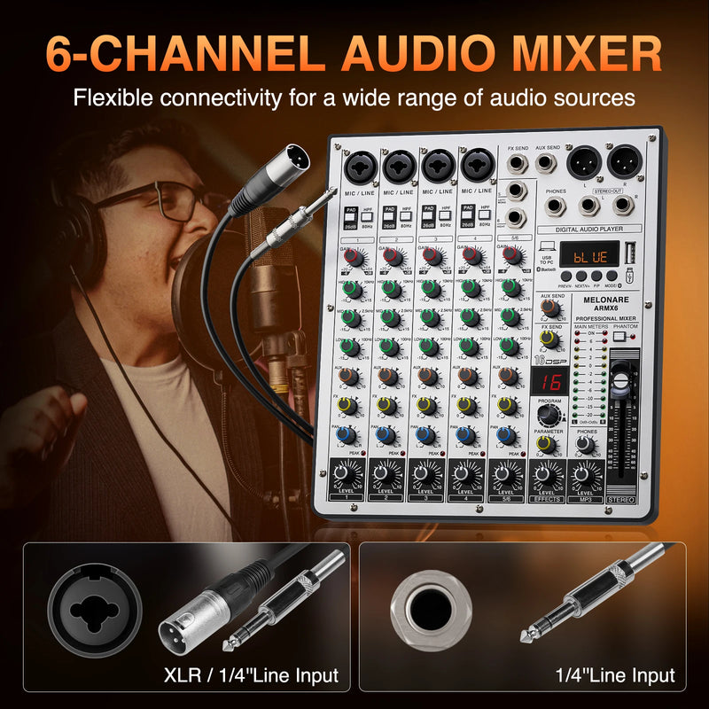 6-Channel Audio Mixer, DJ Mixer with USB Audio Interface, Bluetooth Function, 16 DSP Effects, and 3-Band EQ (ARMX-6)