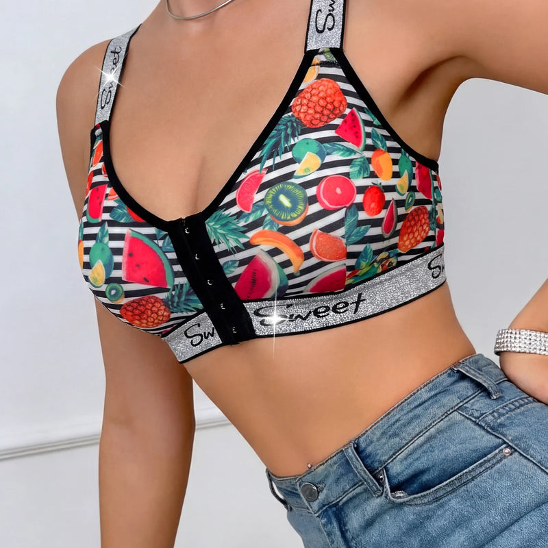 3 Pack Women's Wireless Bra, Mixed Fruit Print Front Closure Shiny Trim Comfort Bralette