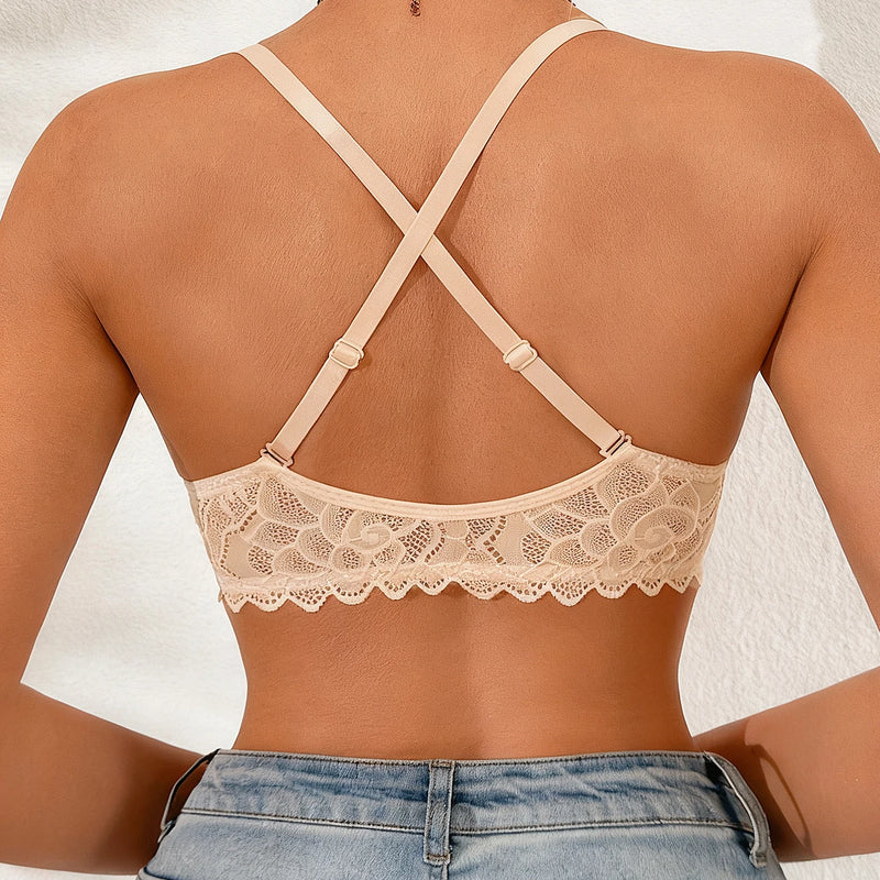 Women Lace Beauty Back Bra Front Closure Push Up Brassiere Breathable Mesh Back Wing Underwear Top