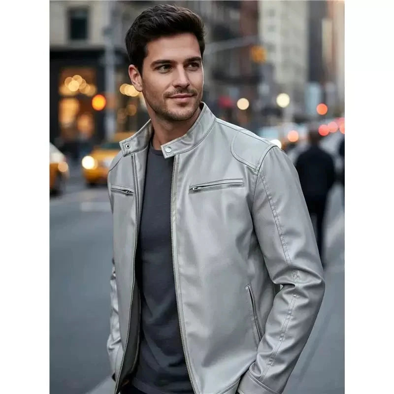 Men's PU leather jacket stand-up collar slim-fit vintage-style biker jacket spring/fall top