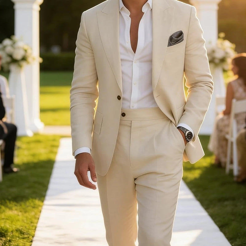 Men's 2 Pieces Linen Suits Casual Lightweight Summer Beach Groom Wedding Suit Linen Blazer Pants Set