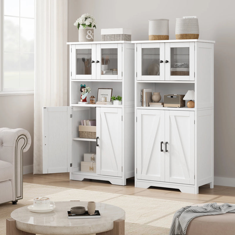 Free Standing Kitchen Pantry Cupboard with 4 Doors and Open Space 128cm Bathroom Tall Cabinet with Tempered Glass Doors