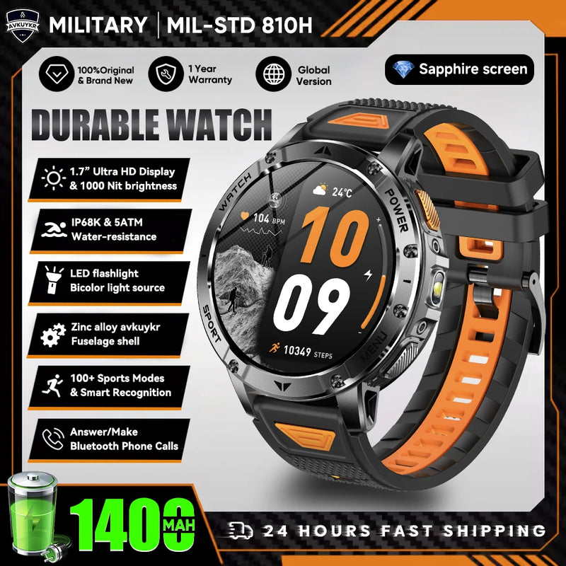 Military Grade Alloy Smartwatch 1400mAh Long Standby Waterproof SOS Emergency Flashlight BT Call Outdoor Sports Watch For Men