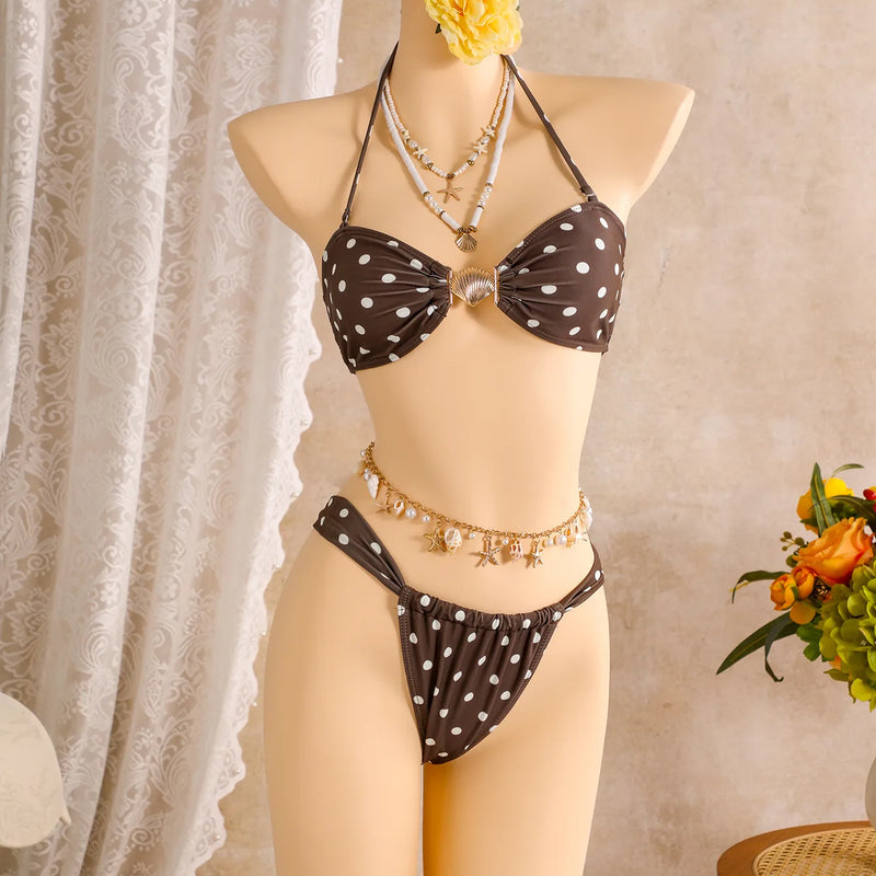 Sexy polka dot print bikinis sets swimwear with long mesh | SAMAG